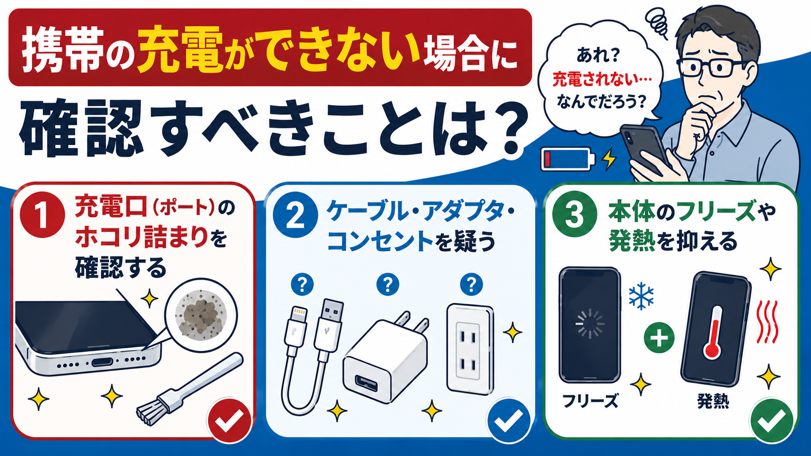 携帯の充電ができない場合に確認すべき3つのこと　イメージ