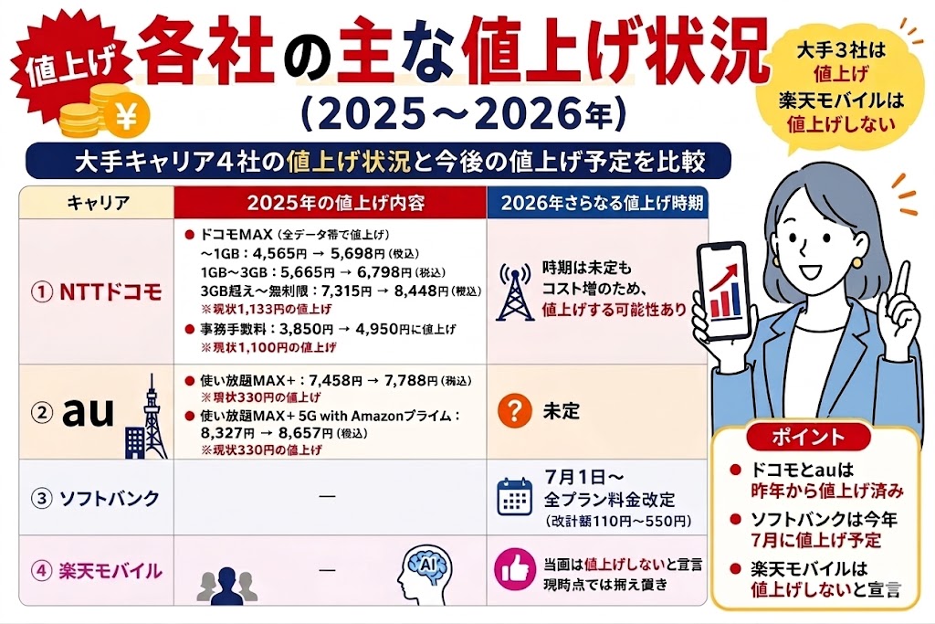 携帯大手各社の主な値上げ状況（2025〜2026年）イメージ