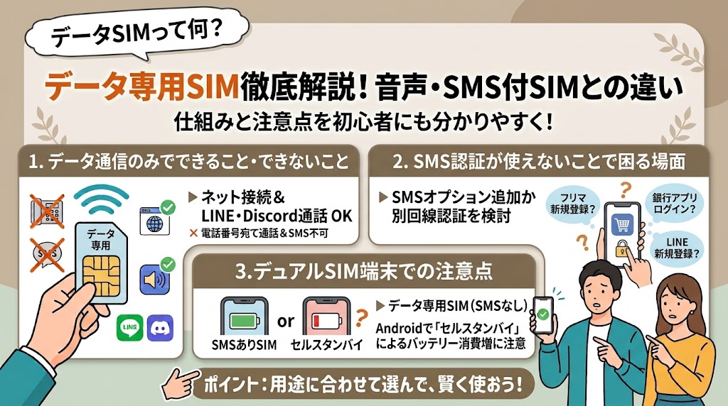 データのみSIMとは？音声通話SIM・SMS付きSIMとの違い　イメージ