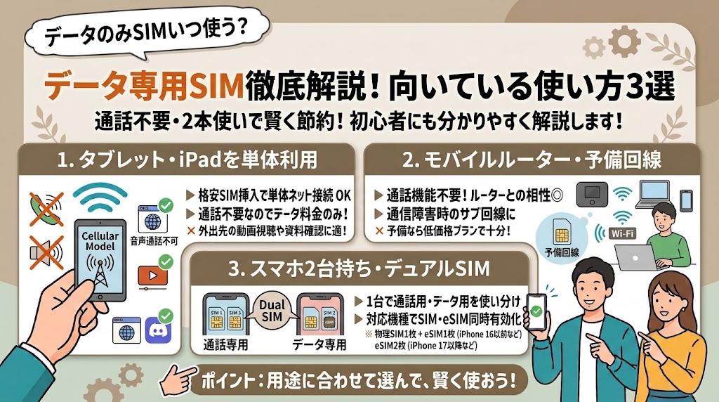 データのみSIMが向いている3つの使い方　イメージ
